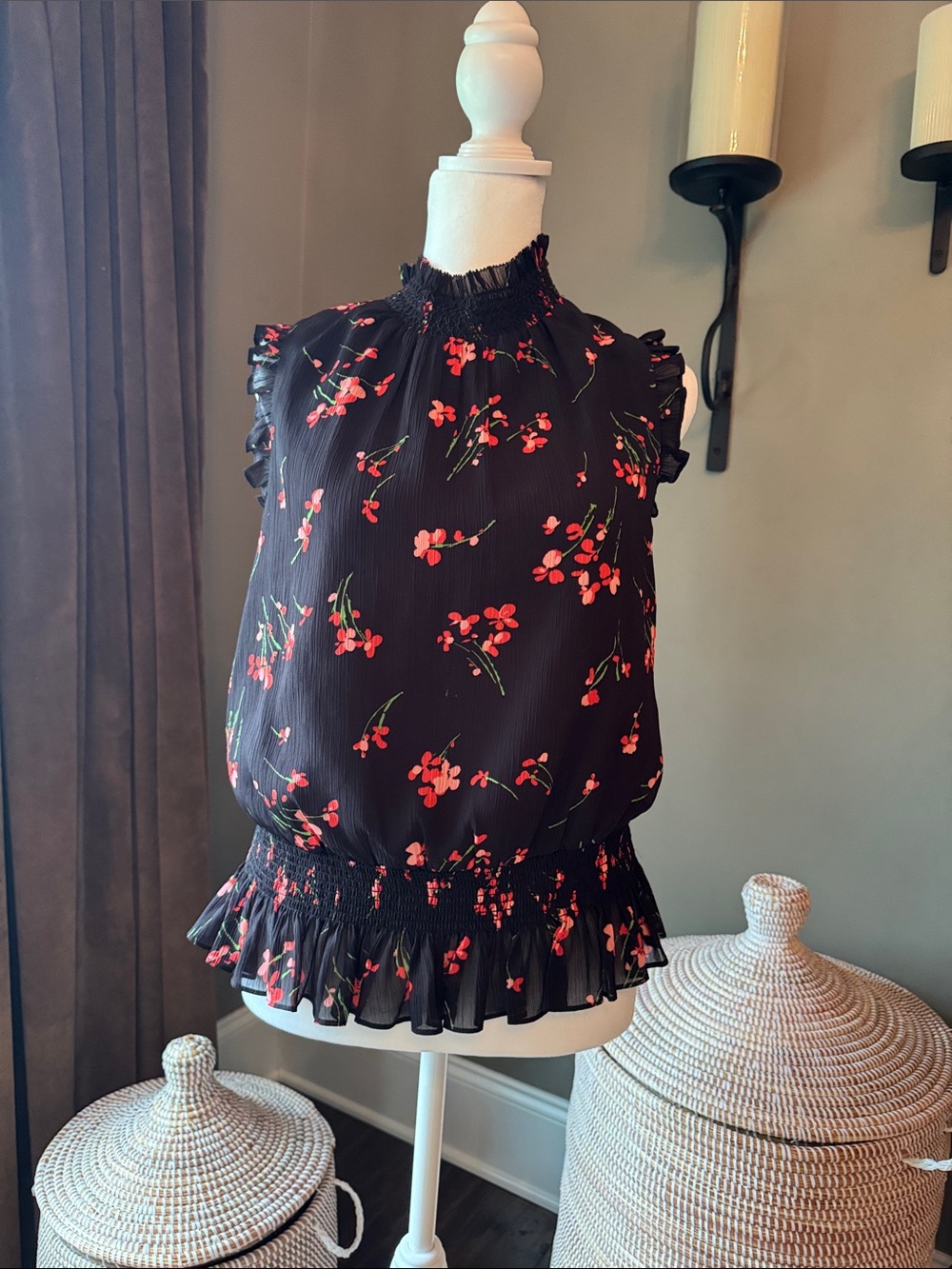 Sleeveless Black Floral Ruffle Mock-Neck Top